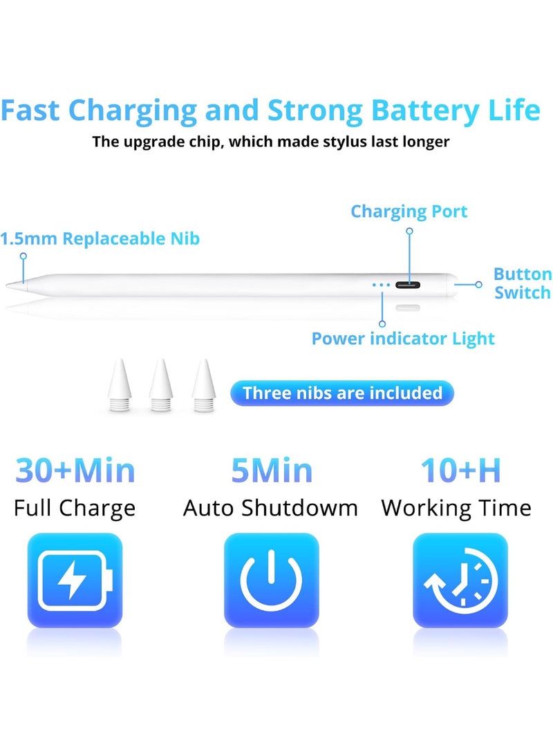 قلم لمس لأجهزة Apple iPad Pencil من الجيل السادس/السابع/الثامن/التاسع/العاشر، وiPad Air من الجيل الثالث/الرابع/الخامس، وiPad Mini من الجيل الخامس/السادس، وiPad Pro مقاس 11/12.9 بوصة، قلم مزود بخاصية رفض راحة اليد وحساسية الإمالة، شحن مغناطيسي وشحن USB-C - Image 4